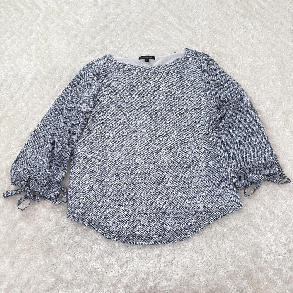 Banana Republic Blouse Womens Small Blue White Pleated Tie Sleeve Pullover Top